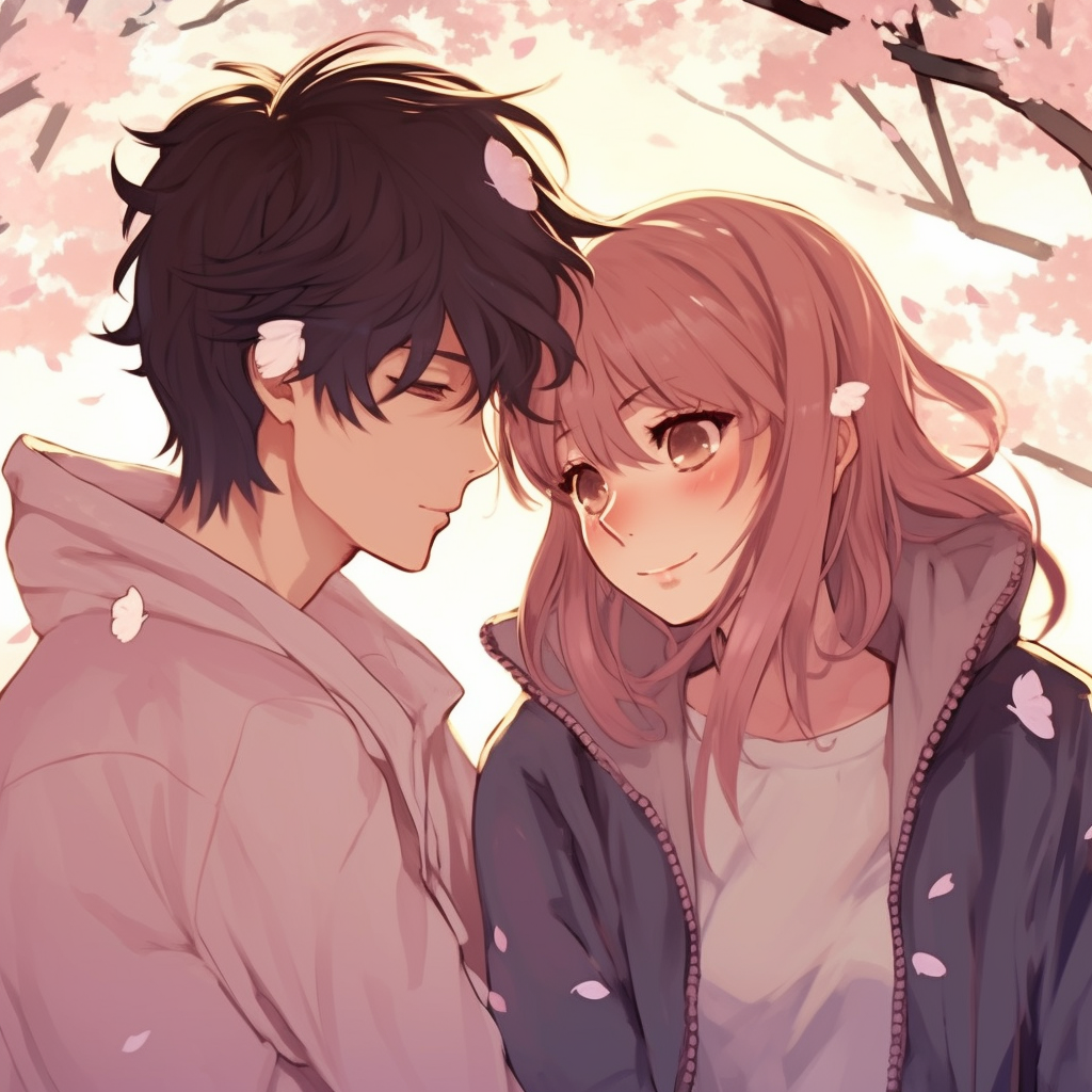 A couple under the cherry blossoms, gentle sunlight highlighting their features with pastel pink petals fluttering. romantic couple anime matching pfp pfp for discord.