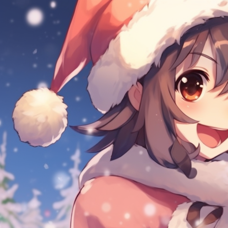 Two characters forging a path in the snow, dynamic expressions and stunning sunset colors. matching anime christmas pfp character inspiration pfp for discord.