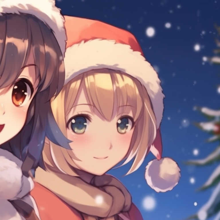 Two characters forging a path in the snow, dynamic expressions and stunning sunset colors. matching anime christmas pfp character inspiration pfp for discord.
