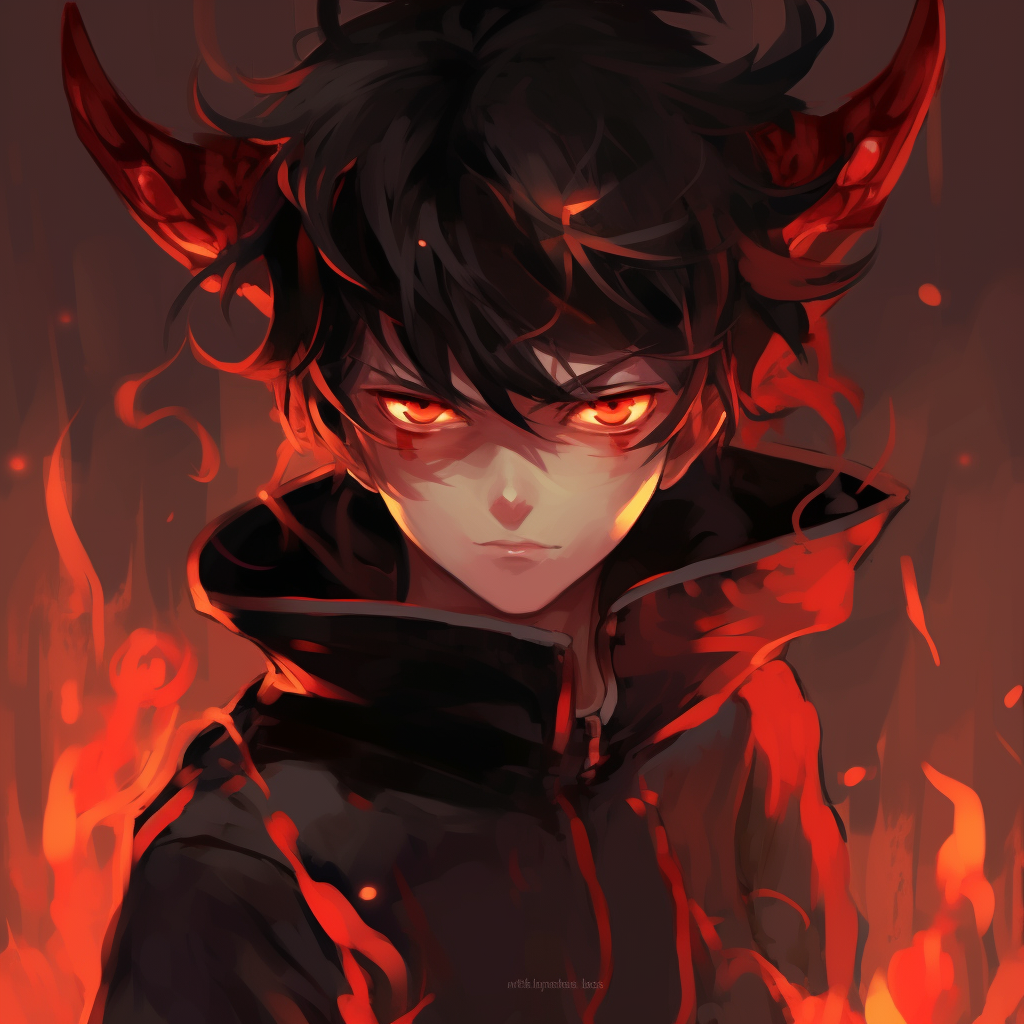 Profile of demon boy with an intense gaze, sharp lines and shadowy hues. boy demon anime pfp pfp for discord.