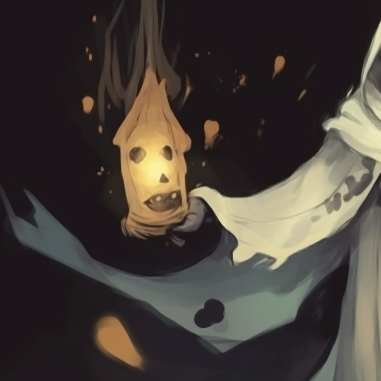 Two ghost characters glowing in luminescent colors, casting an eerie shadow, set against a grim backdrop. history of ghost pfp for halloween pfp for discord.