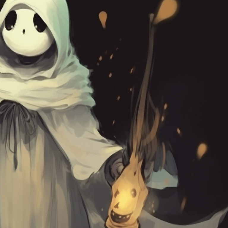 Two ghost characters glowing in luminescent colors, casting an eerie shadow, set against a grim backdrop. history of ghost pfp for halloween pfp for discord.
