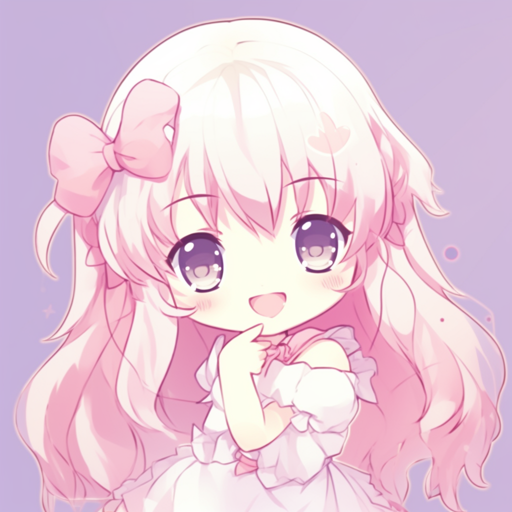 A chibi girl in a cheerful pose, pastel colors, and exaggerated cuteness. top tier kawaii anime pfp