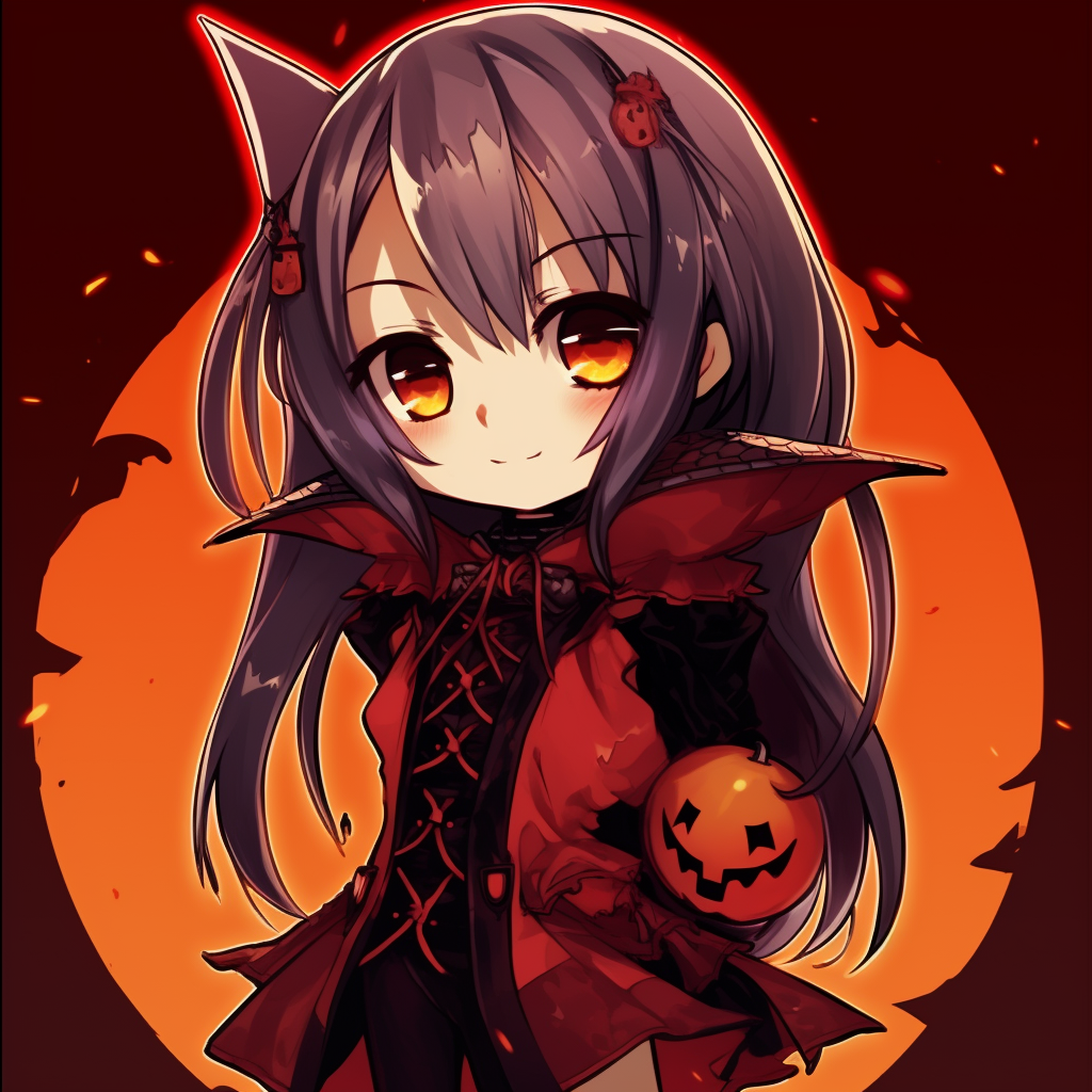 Close-up of chibi vampire's sharp teeth, accentuating small details and Halloween-theme colors. adorable anime halloween pfp