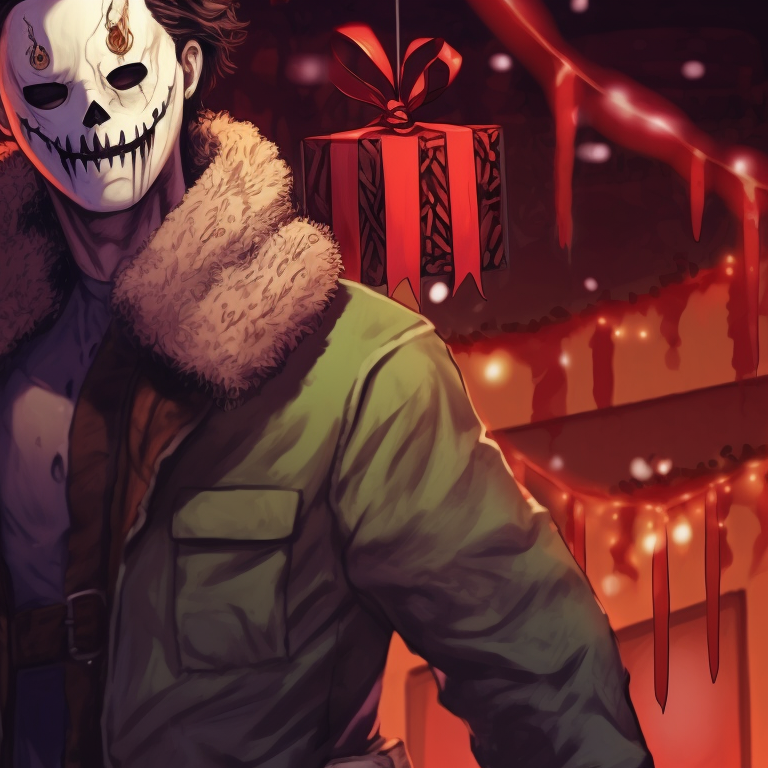 Michael Myers in the background of a peaceful Christmas dinner scene, his silhouette lurking ominously by the window. festive michael myers pfp pfp for discord.