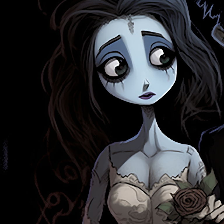 Detailed close-up of the ill-fated pair in haunting hues, corpse bride's eye mesmerizing with a cyan glow. burton's corpse bride matching pfp pfp for discord.