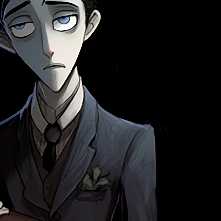 Detailed close-up of the ill-fated pair in haunting hues, corpse bride's eye mesmerizing with a cyan glow. burton's corpse bride matching pfp pfp for discord.