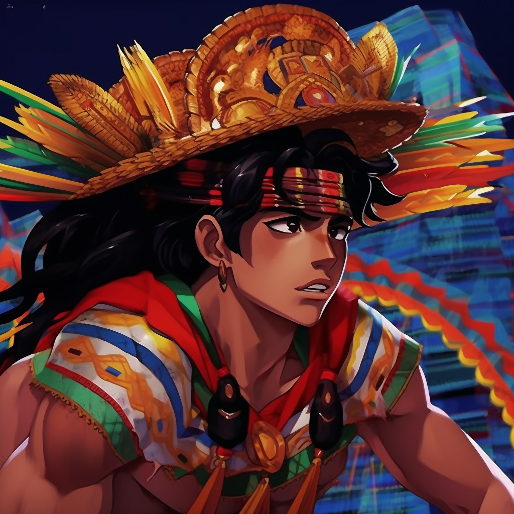 Detail of the intimidating eyes of the Aztec warrior, detailed with striking colors and strong lines. inspiring mexican anime pfp designs pfp for discord.