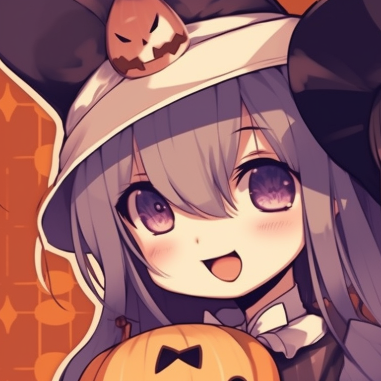 Two characters, one ghost-themed and another with cat-themed Halloween outfits, both with muted pastel hues. cute girl anime halloween matching pfp pfp for discord.
