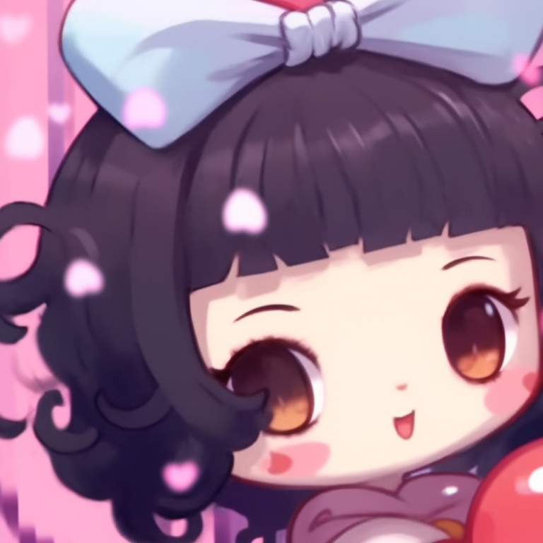 Two characters in party hats, bright lively colors, surrounded by balloons and confetti. hello kitty girl theme matching pfp pfp for discord.