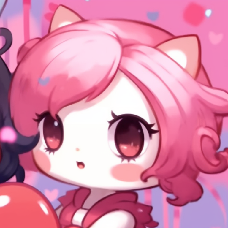 Two characters in party hats, bright lively colors, surrounded by balloons and confetti. hello kitty girl theme matching pfp pfp for discord.