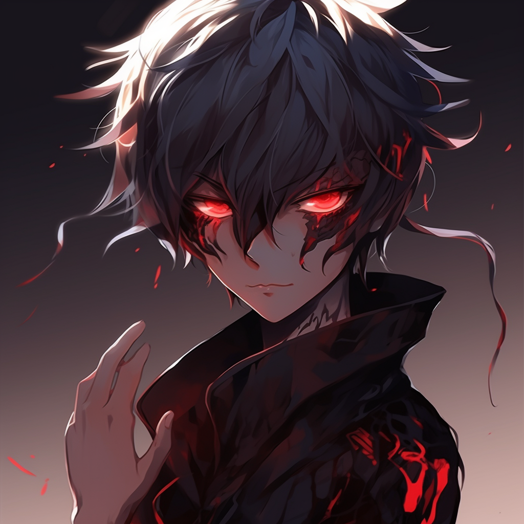 Hand-drawn replica of demon boy portraying anguish, emphasis on facial expression and high-contrast hues. boy demon anime pfp pfp for discord.