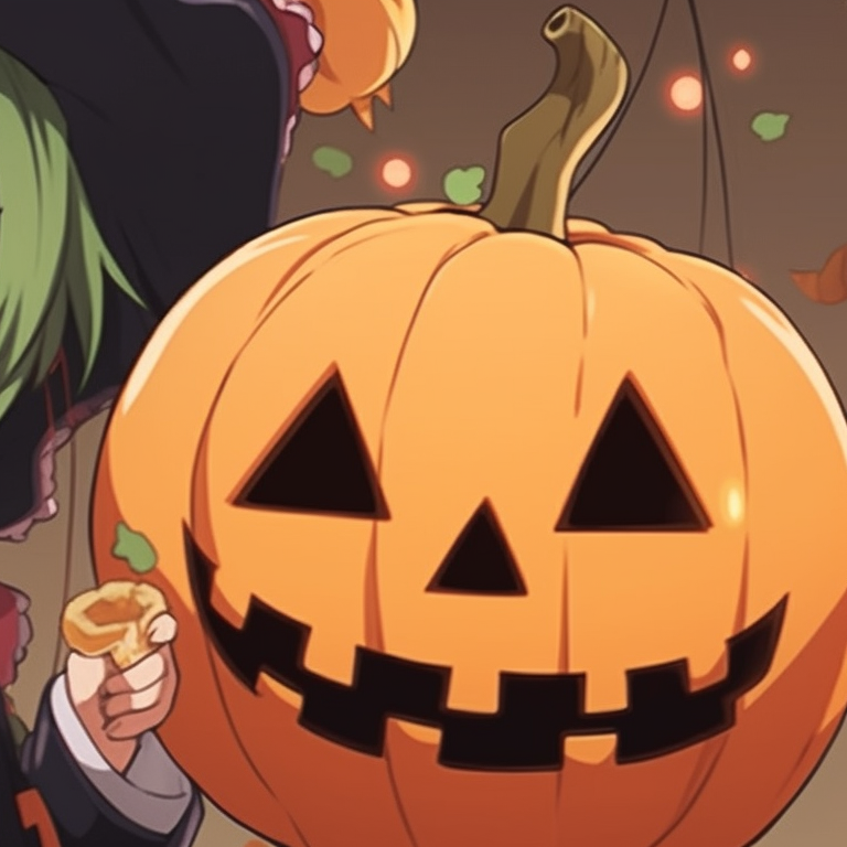 Two characters huddled close, blanketed in matching Christmas sweaters with embroidered pumpkins. cute matching christmas pumpkin pfp pfp for discord.