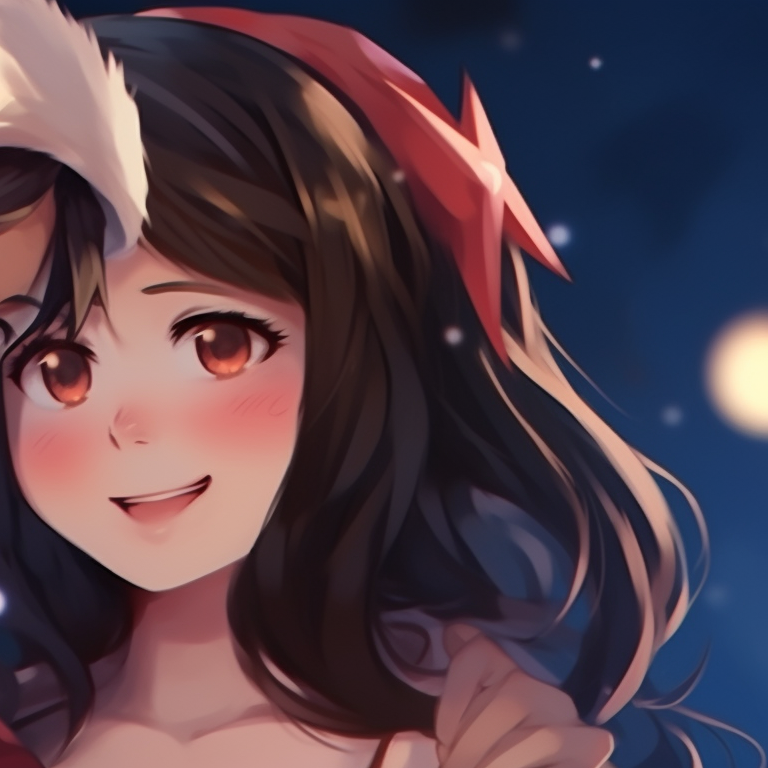 Two characters cuddling under a starlit sky, art style captures a cold yet cozy night scene, their scarves entwining. romantic matching christmas couple pfp pfp for discord.