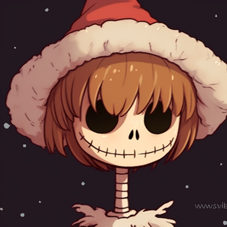 Two skeleton characters in matching outfits, detailed with Christmas decorations and warm festive colors. skeleton themed matching christmas pfp pfp for discord.