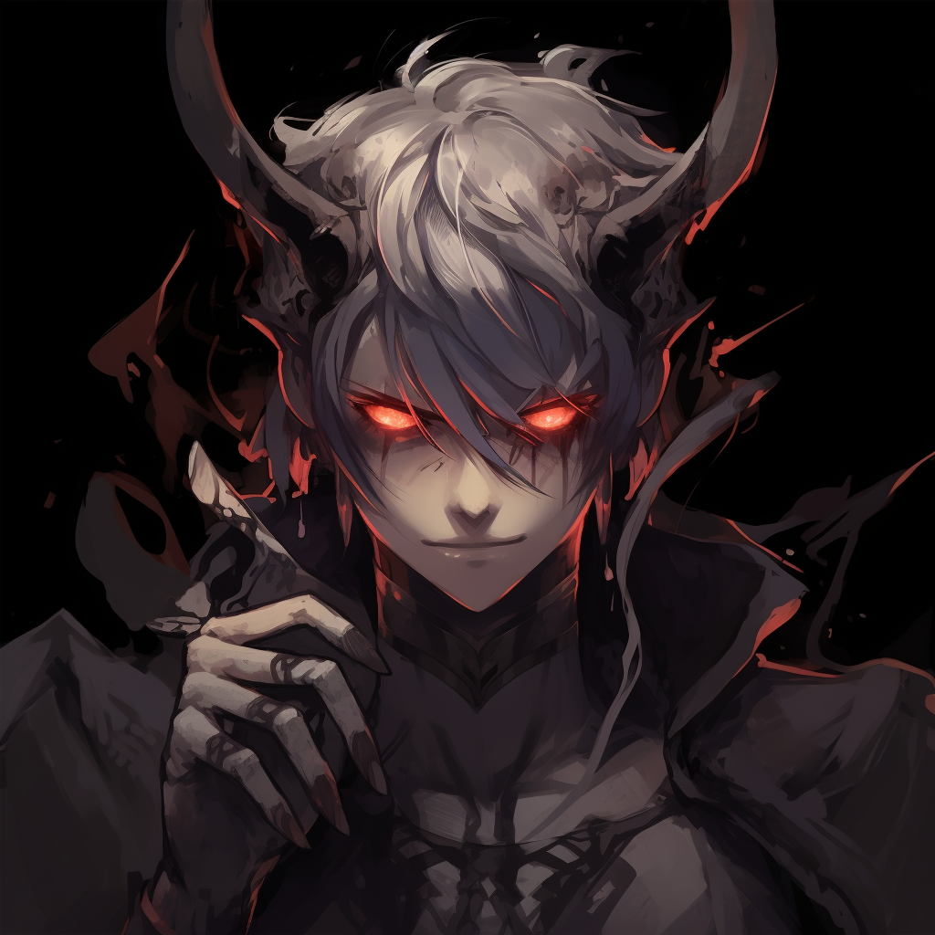 Detail work of Demon King's crown, significant emphasis on ornamentation with strong lines and gradient shading. unique demonic anime pfp pfp for discord.