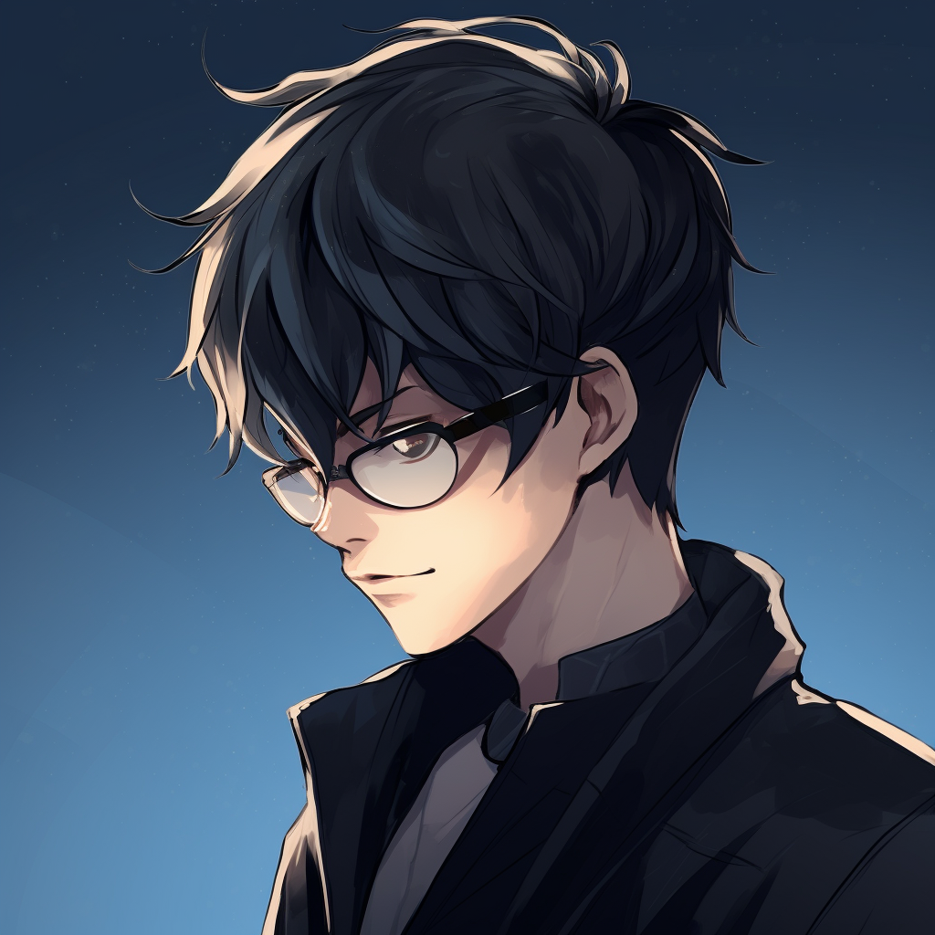 Smiling anime male with glasses, vibrant colors and joyous expression. stylish anime male pfp pfp for discord.
