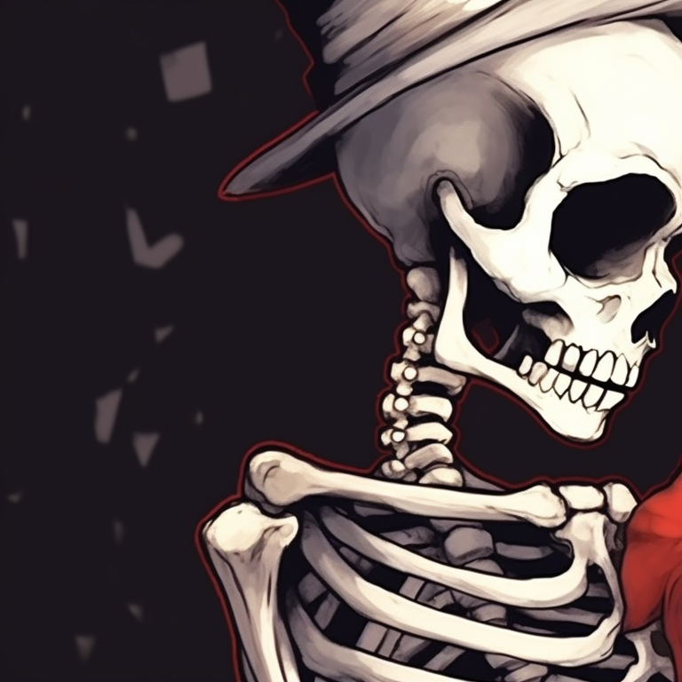 Two skeleton characters kissing under a snowfall, cold hues and crisp outlines. cute pfps of kissing skeletons - christmas edition pfp for discord.