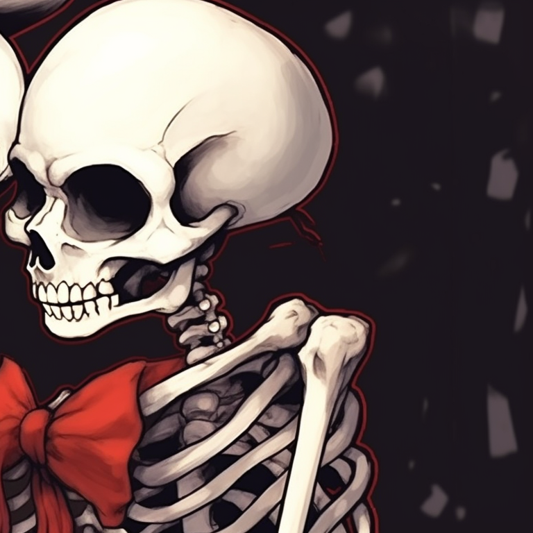 Two skeleton characters kissing under a snowfall, cold hues and crisp outlines. cute pfps of kissing skeletons - christmas edition pfp for discord.