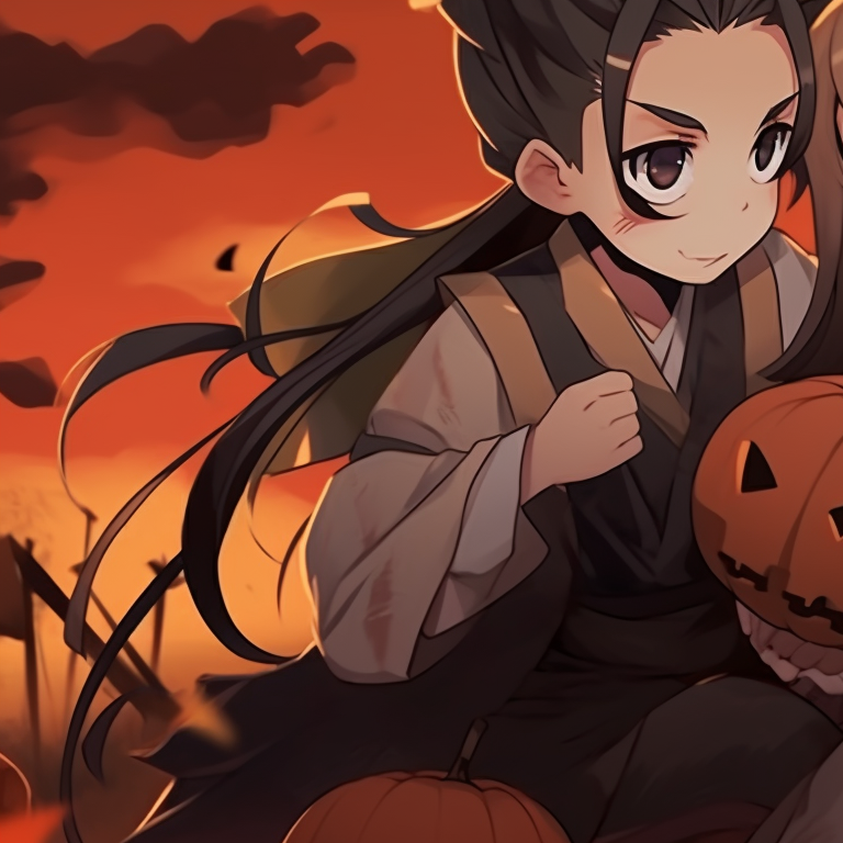 Zenitsu and Nezuko in an autumn setting, cool colors and shadow play. zenitsu and nezuko halloween artwork pfp for discord.