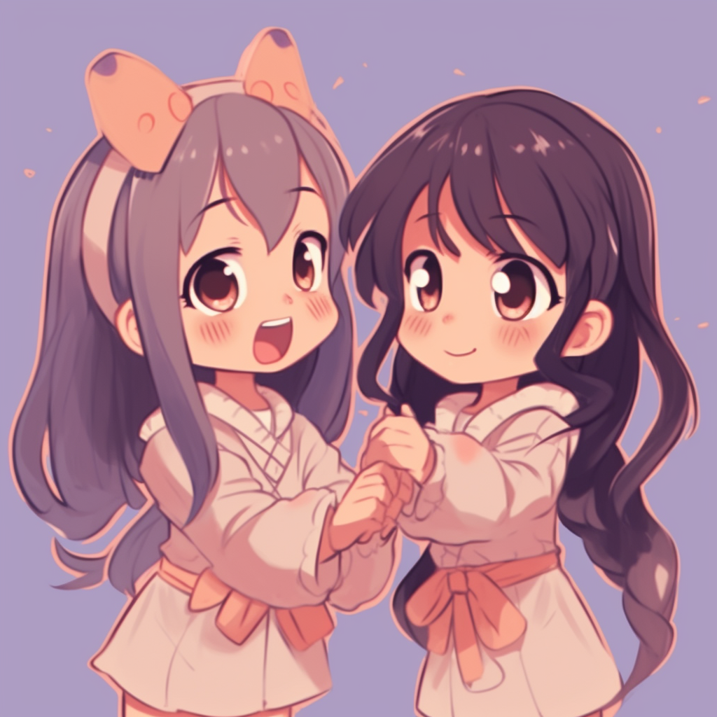 Two chibi friends, one winking while the other one is cheering, vibrant colors. adorable matching anime pfp for best friends