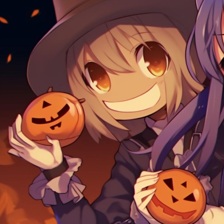 Two characters in detailed monstrous costumes, dark tones and sharp lines, standing back-to-back against a full moon. anime hot matching pfp halloween theme pfp for discord.