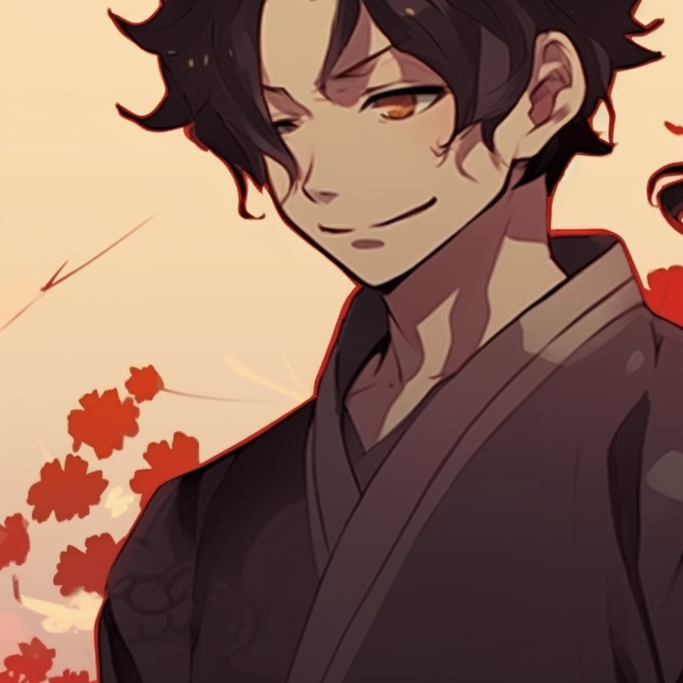 Two samurai characters in peaceful scenario, traditional clothing and warm colors. famous aesthetic matching pfp references pfp for discord.