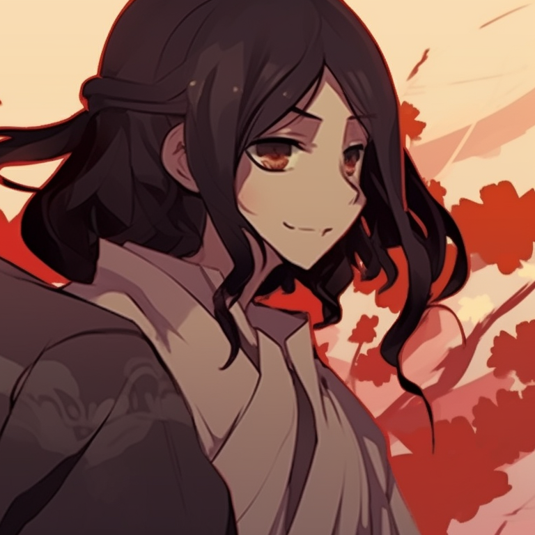 Two samurai characters in peaceful scenario, traditional clothing and warm colors. famous aesthetic matching pfp references pfp for discord.