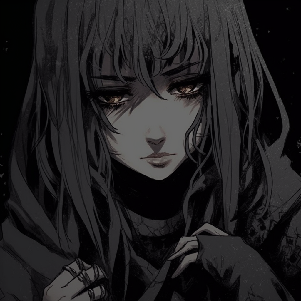 Brooding anime character steeped in shadow, intricate line work and dramatic lighting. exceptional darkness anime pfp pfp for discord.