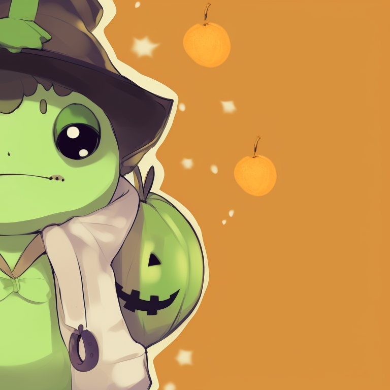Two frog characters in ghost costumes, pale color palette with pops of bright oranges and greens. unique matching frog pfp halloween theme styles pfp for discord.