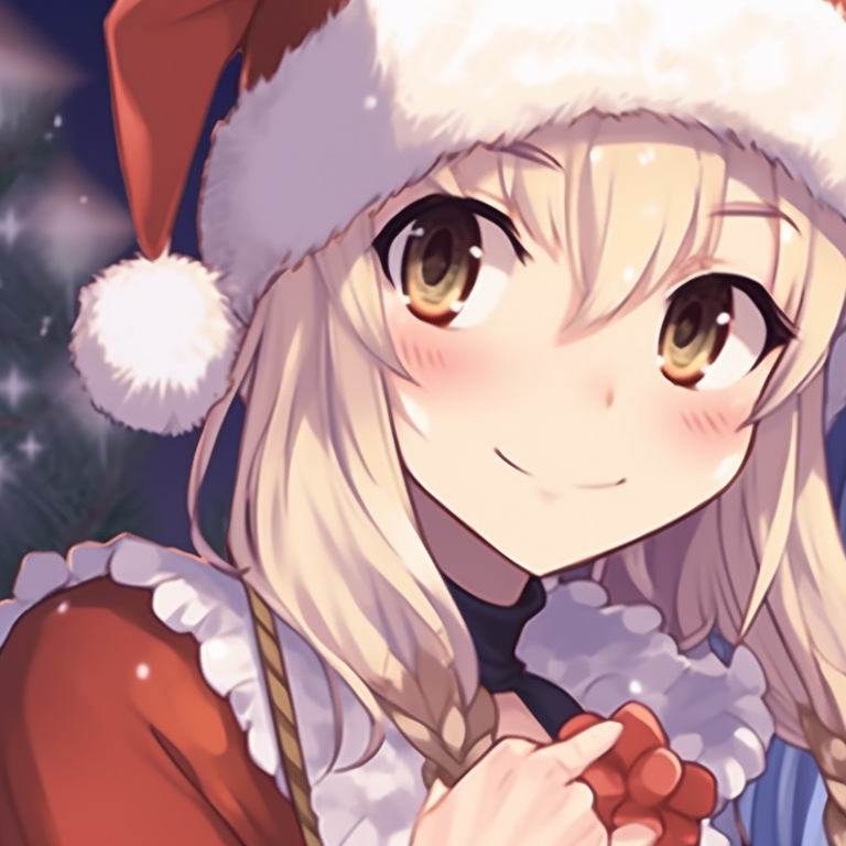 Two characters, decorated with candy cane accessories, utilizing a cool color palette.. unique matching anime girl christmas pfp designs pfp for discord.
