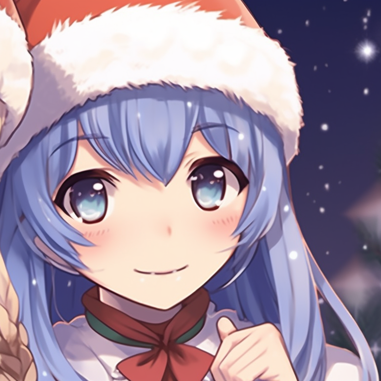 Two characters, decorated with candy cane accessories, utilizing a cool color palette.. unique matching anime girl christmas pfp designs pfp for discord.