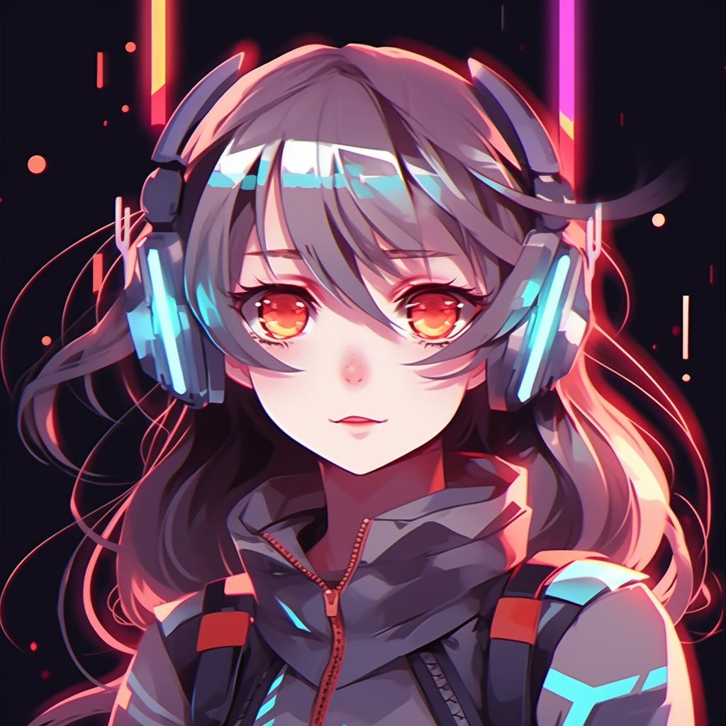 Zoomed-in image of the cyber girl with a focus on the goggles, vibrant neon colors and sharp details. innovative girl anime pfp