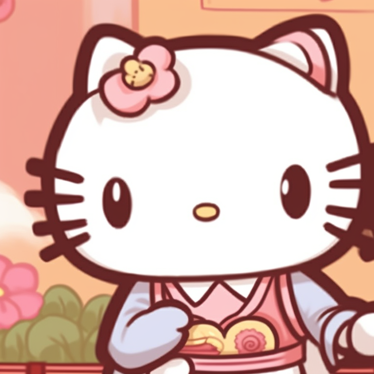 Hello Kitty characters in a dreamy setup, pastel tones and soft hues, showing serene expressions. aesthetic hello kitty pfp matching pfp for discord.