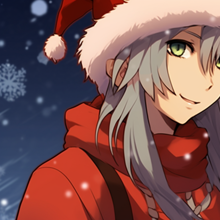 Two characters, sharing a playful moment in the snow, the cool tones emphasized by their vibrant hair color. christmas anime matching pfp pfp for discord.
