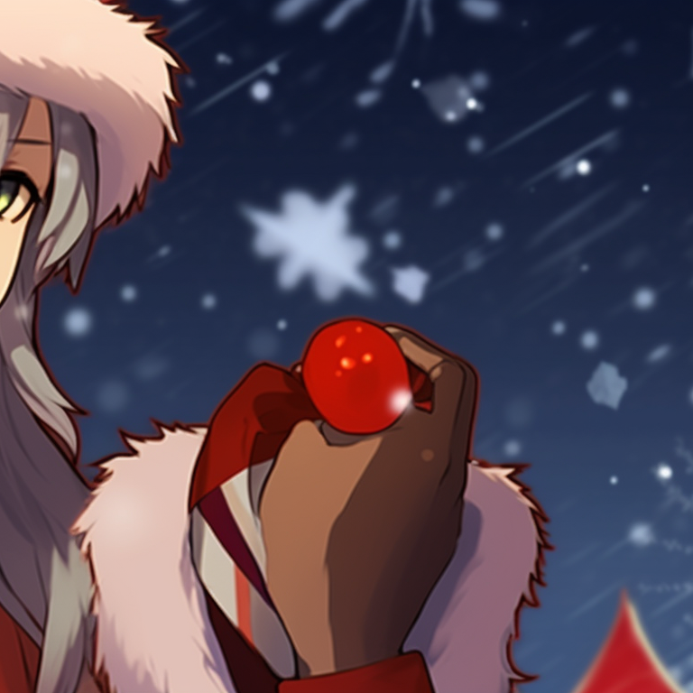 Two characters, sharing a playful moment in the snow, the cool tones emphasized by their vibrant hair color. christmas anime matching pfp pfp for discord.