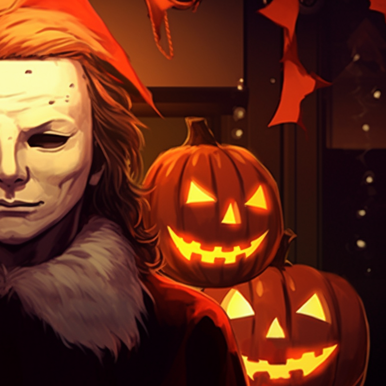 Michael Myers in a playful Christmas scene, surrounded by snow and holiday decorations. celebrate christmas with michael myers pfp pfp for discord.