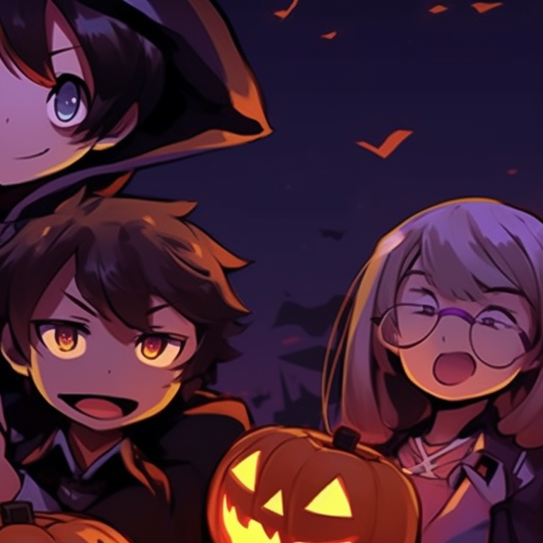 Five characters silhouetted against a full moon, vibrant oranges and somber blacks, halloween themed. unique halloween theme for 5 friends matching pfp pfp for discord.