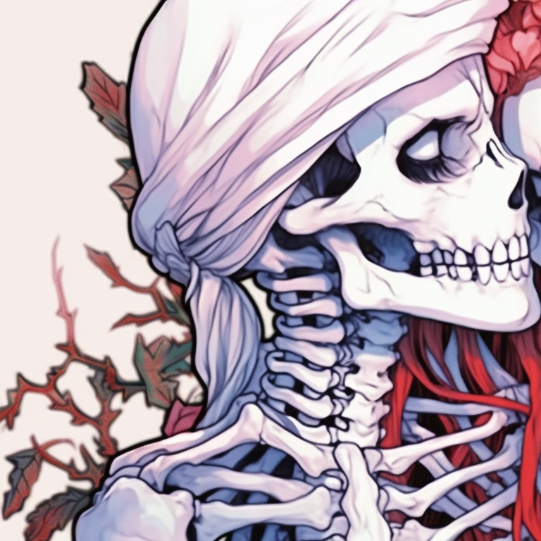 Close-up of two skeletons sharing intimate moment, attention to detail in the shading and textures of the bone structure. skeletons kissing under mistletoe - matching christmas pfp pfp for discord.