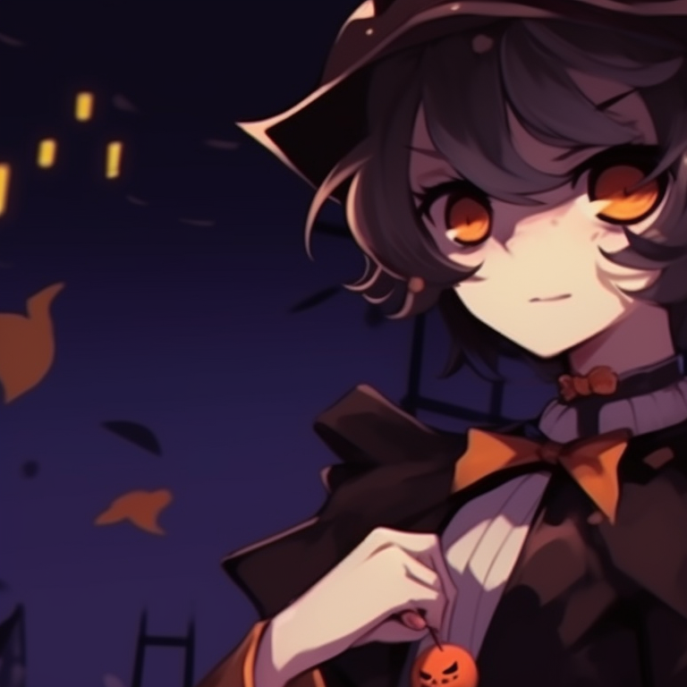 Two characters with muted colors and gothic dresses, one offering a Halloween candy. gloomy halloween - sad matching pfps pfp for discord.