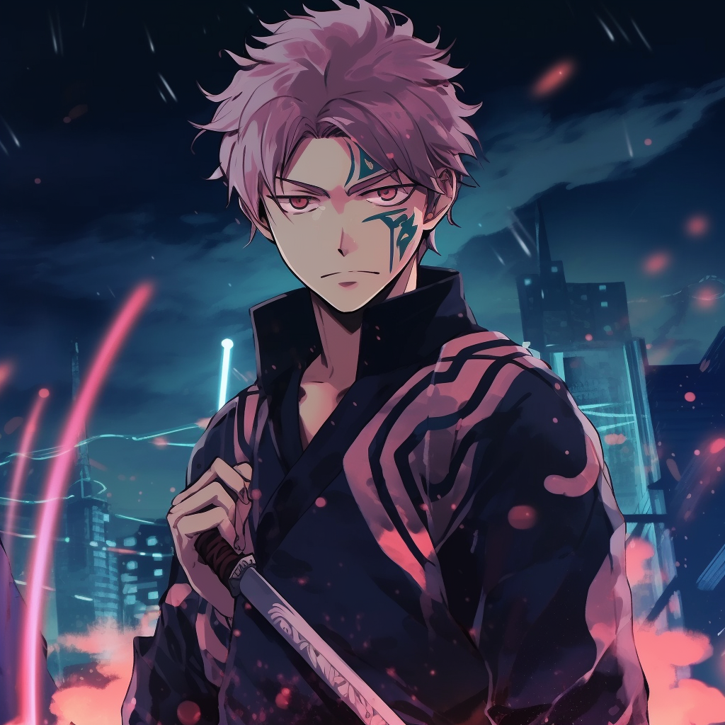 A Anime Samurai under neon lights, making use of vibrant pink and blue colors. vibrant anime pfp cool pfp for discord.