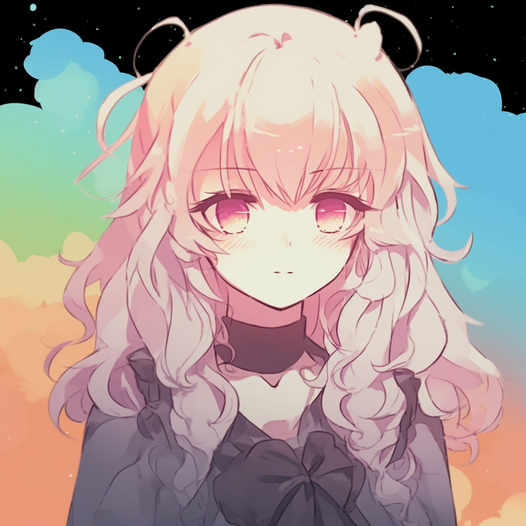 Anime personification of a kaleidoscope vision, featuring detailed linework and a spectrum of colors. multicolored cute pfp anime