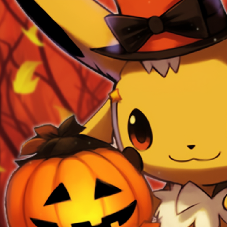 Two characters, dressed as a Jack-o'-lantern Pikachu and a witch Eevee with warm, autumn colors. best matching pokemon pfp for halloween theme pfp for discord.