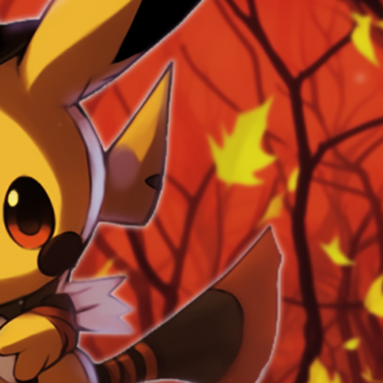 Two characters, dressed as a Jack-o'-lantern Pikachu and a witch Eevee with warm, autumn colors. best matching pokemon pfp for halloween theme pfp for discord.