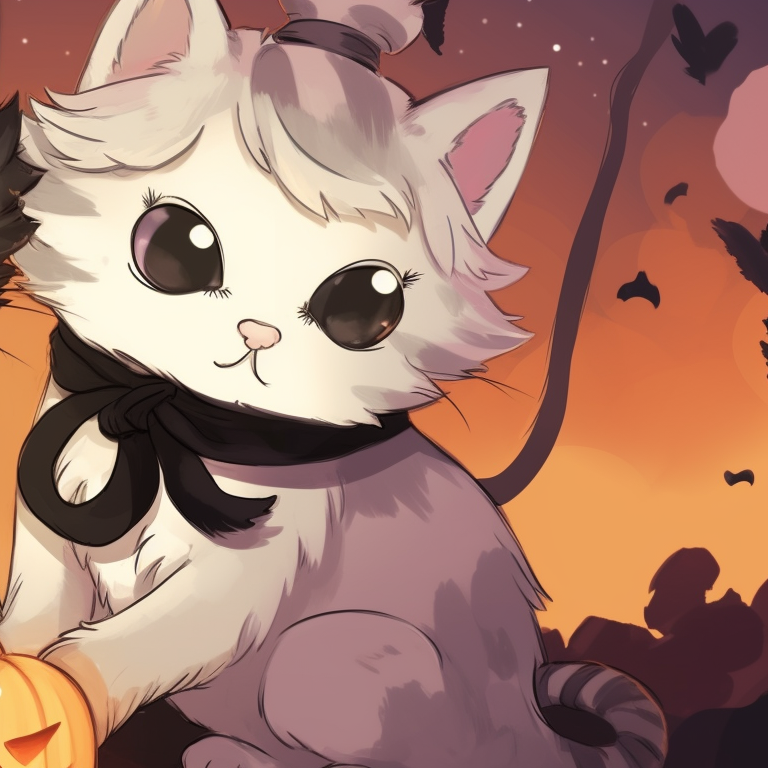 Two cat characters, the straw-filled scarecrow, and the other a candy-corn inspired outfit, stood under sparkling fall stars. matching halloween-themed cats portrait pfp pfp for discord.