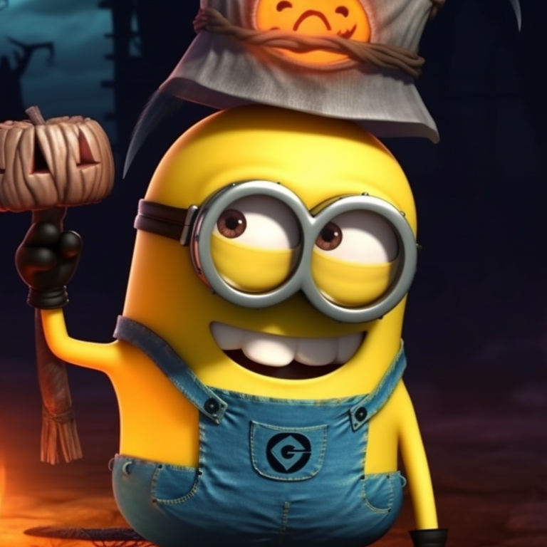 Two animated Minions, holding Halloween props, one a jack-o'-lantern while the other a candy bucket, fun expressions on their faces. minion halloween theme for matching pfp pfp for discord.