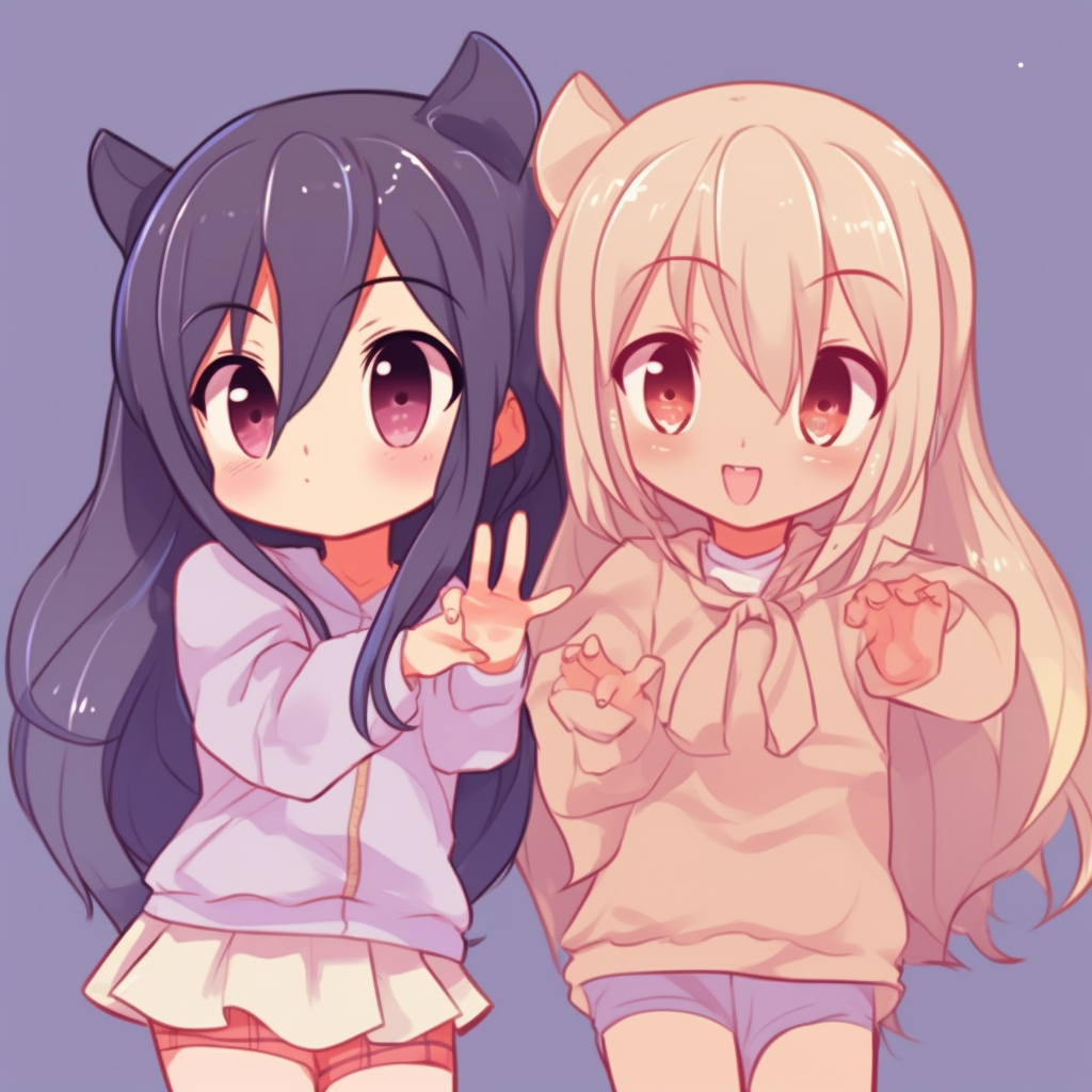 Two chibi style characters smiling together, soft color palette. adorable matching anime pfp for best friends