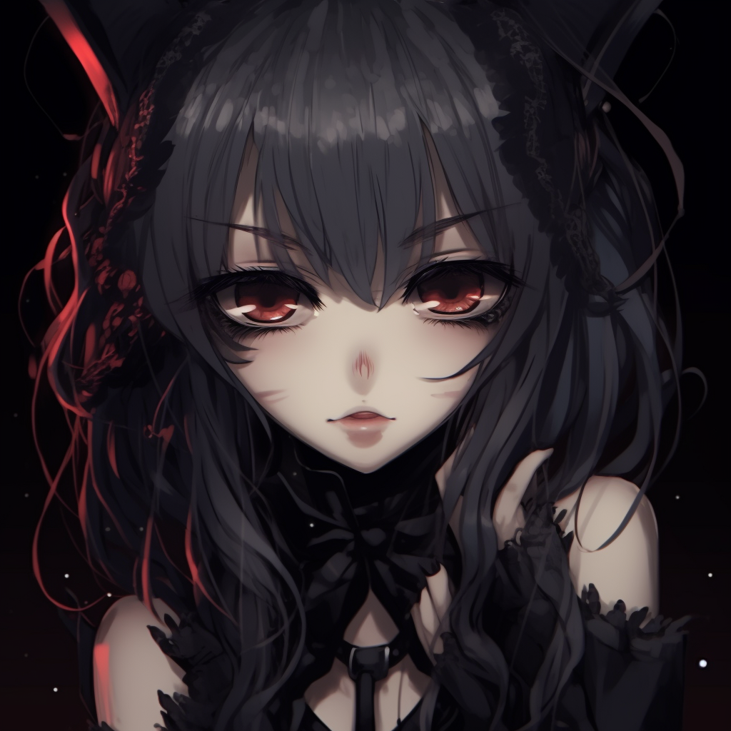 Anime girl in gothic attire with cat ears, pronounced shadows and deep contrasting colors. adorable goth anime girl pfp pfp for discord.