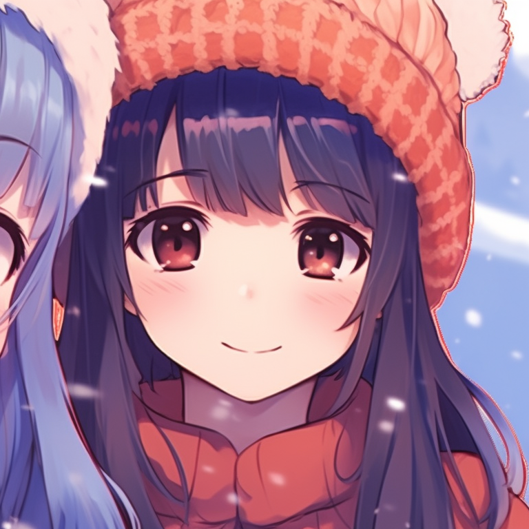 Two characters in winter clothing, crisp colors and sharp lines, with snowy background. top-rated matching christmas anime girl pfp pfp for discord.