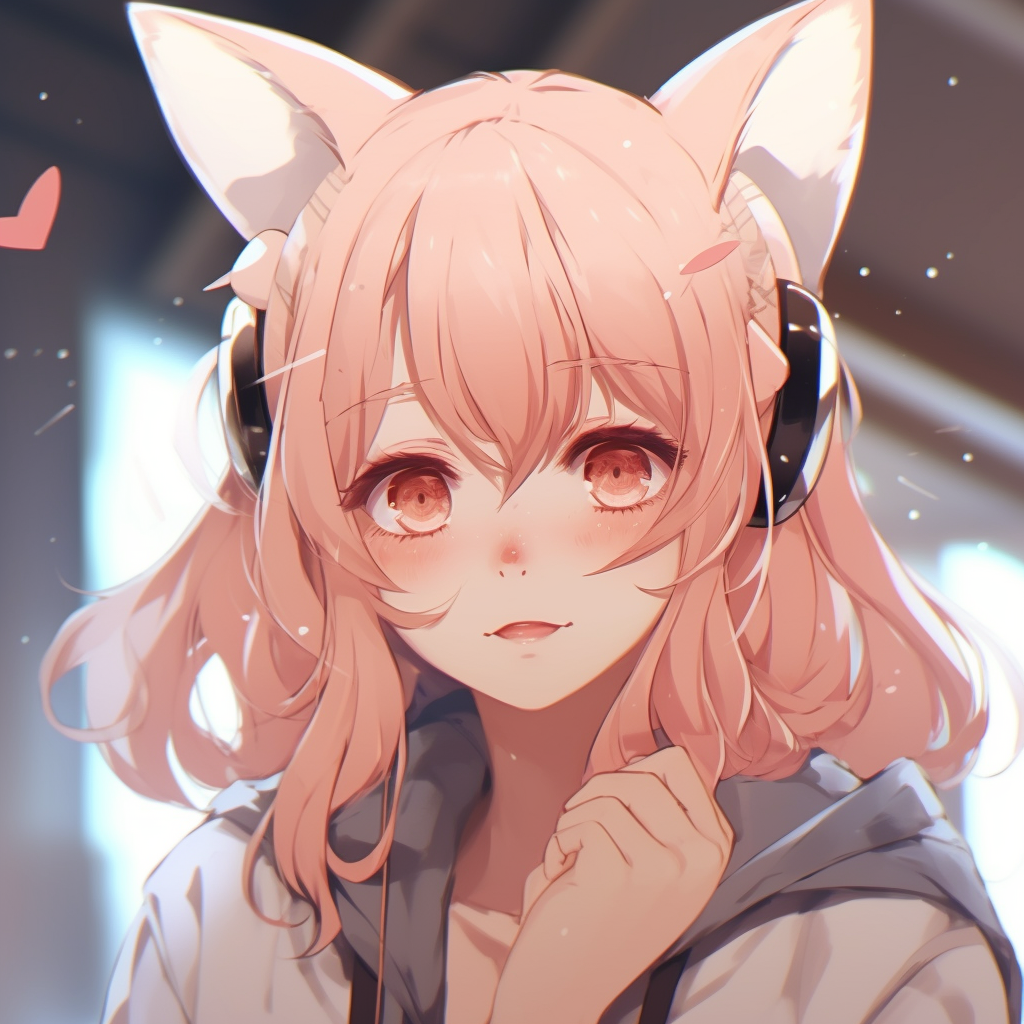 Kawaii style cat girl in bright, pastel colors, intricate details throughout her attire and accessories. stylish cute animated pfp